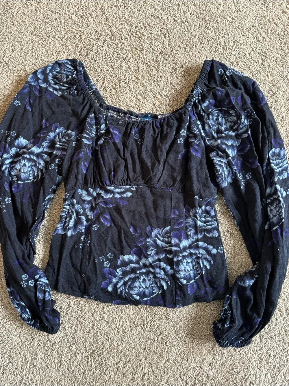 Old Navy Black Floral Peasant Top with Purple Accents
